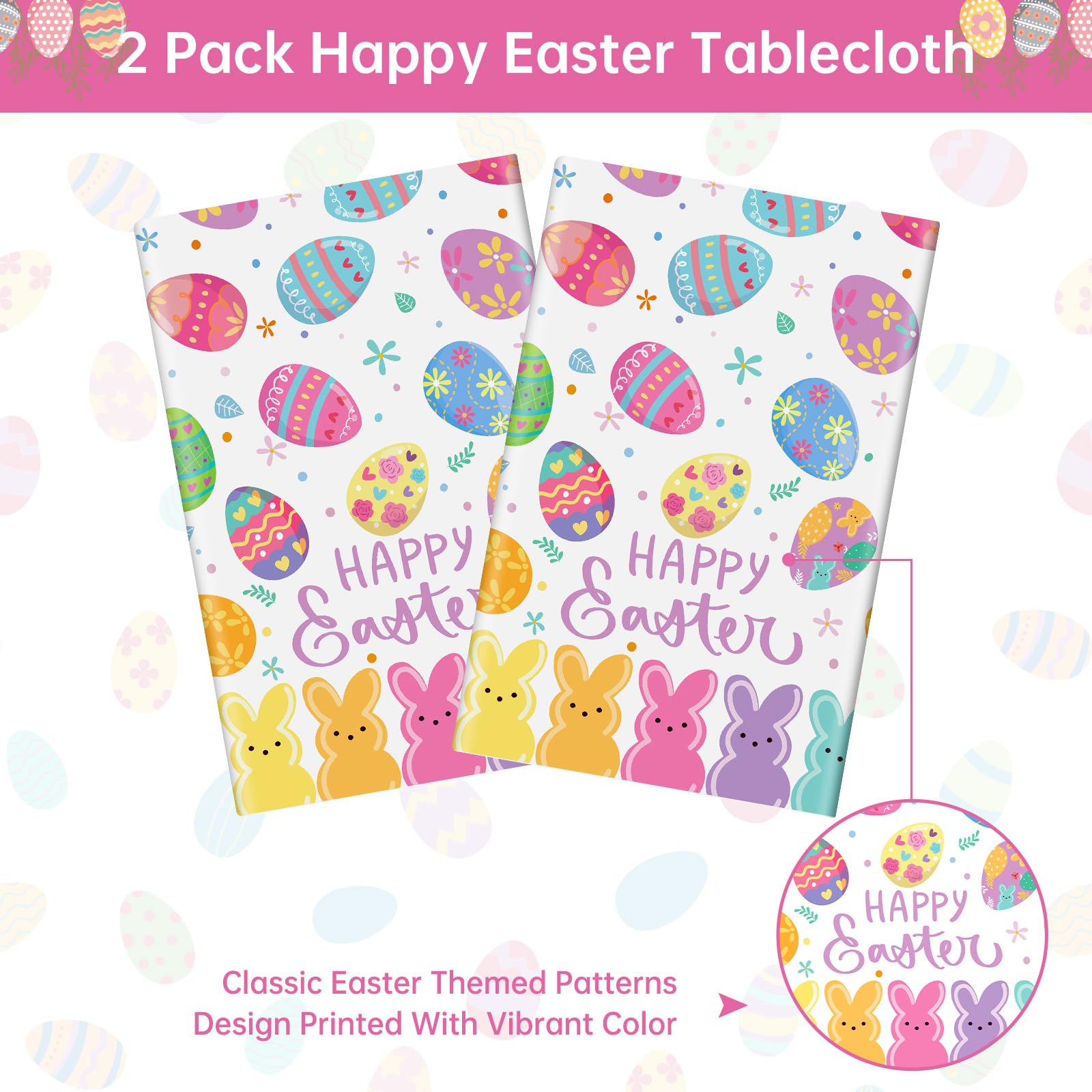 2-Pack Happy Easter Plastic Tablecloth – 108 x 54 Inch Rectangle, Disposable Bunny & Egg Design for Spring Party Decor