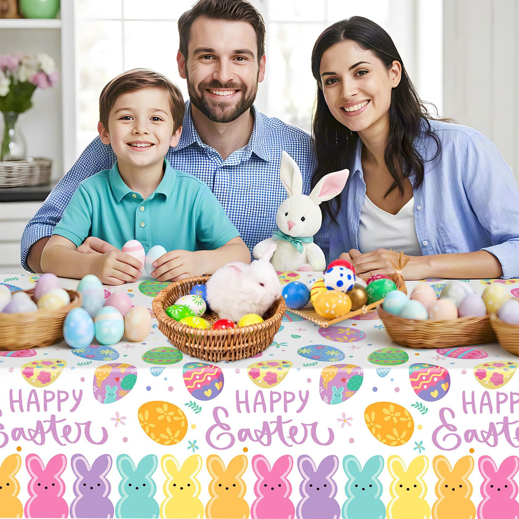 2-Pack Happy Easter Plastic Tablecloth – 108 x 54 Inch Rectangle, Disposable Bunny & Egg Design for Spring Party Decor