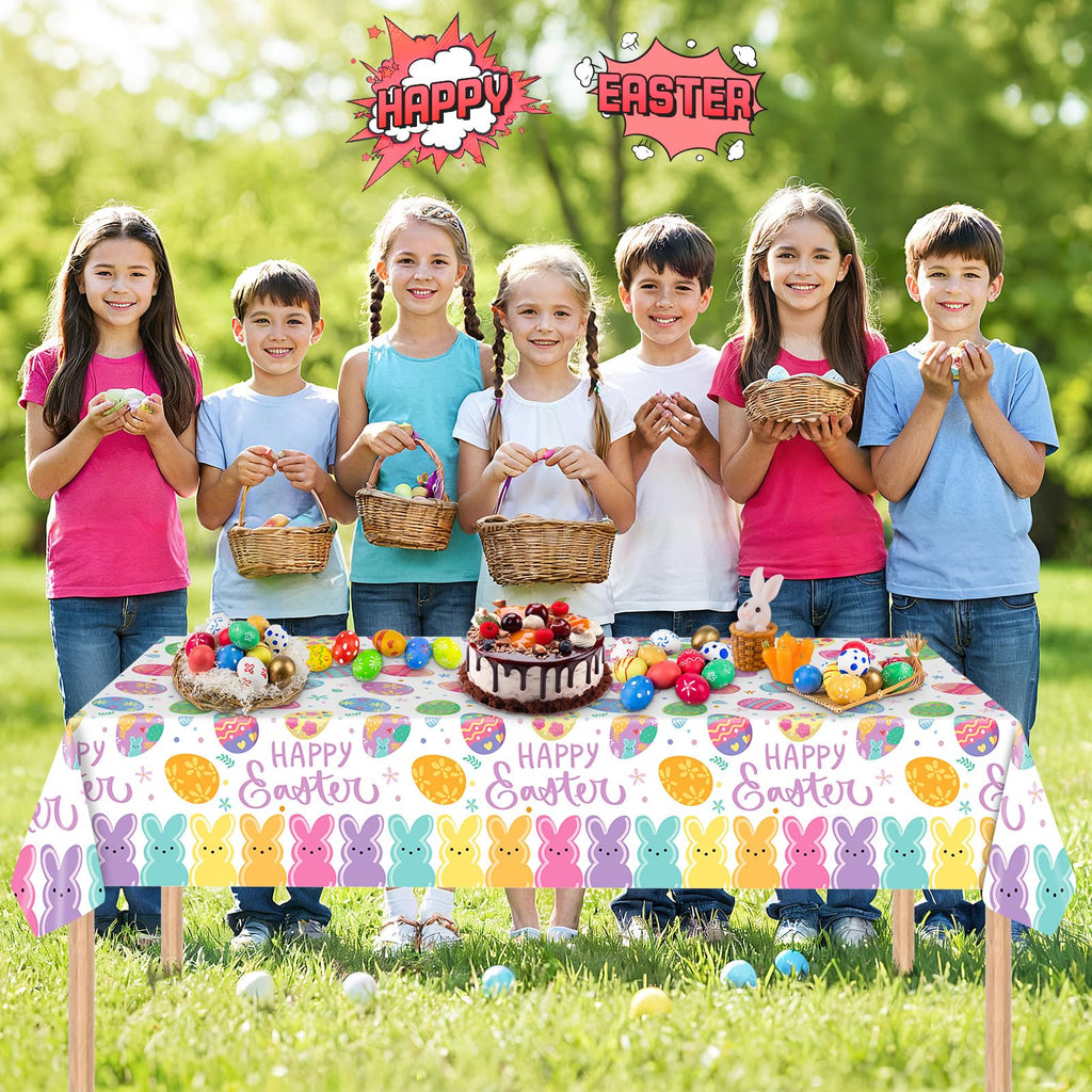 2-Pack Happy Easter Plastic Tablecloth – 108 x 54 Inch Rectangle, Disposable Bunny & Egg Design for Spring Party Decor