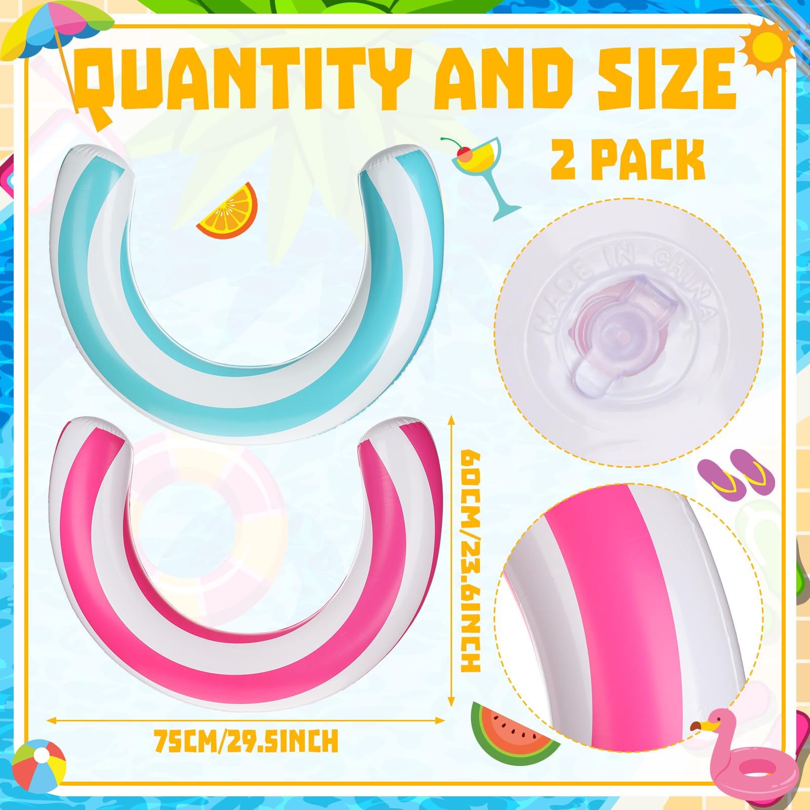 2 Pack Inflatable Curved Pool Noodles for Adults – 30x24 Inch PVC Pool Floats in Pink and Blue by Teyva Daily