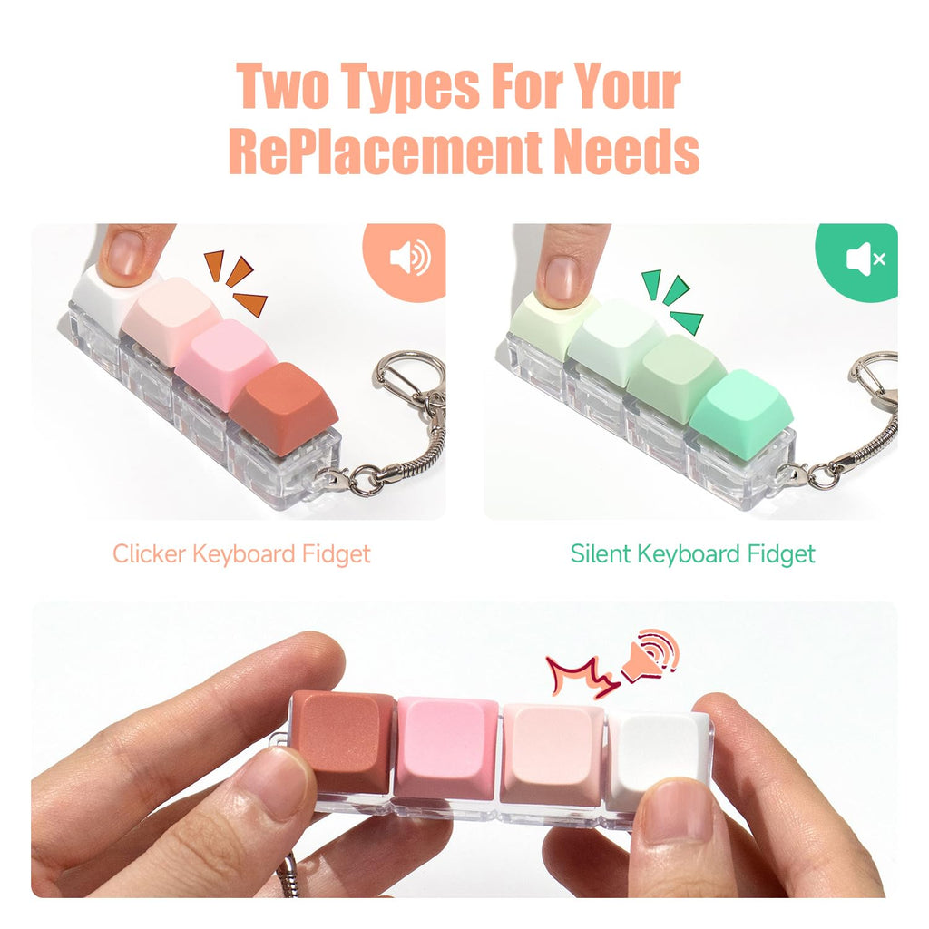 2-Pack Keyboard Fidget Toy Keychain: Silent Clicker + Loud Clicker Stress Relief