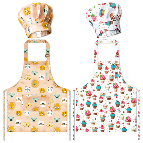 2-Pack Kids Apron & Chef Hat Set for Baking, Painting & Crafts – Adjustable, Waterproof, Machine Washable for Ages 3-6