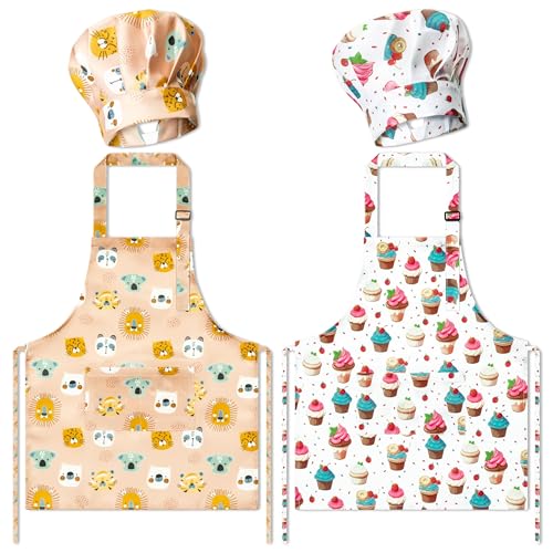 2-Pack Kids Apron & Chef Hat Set for Baking, Painting & Crafts – Adjustable, Waterproof, Machine Washable for Ages 3-6