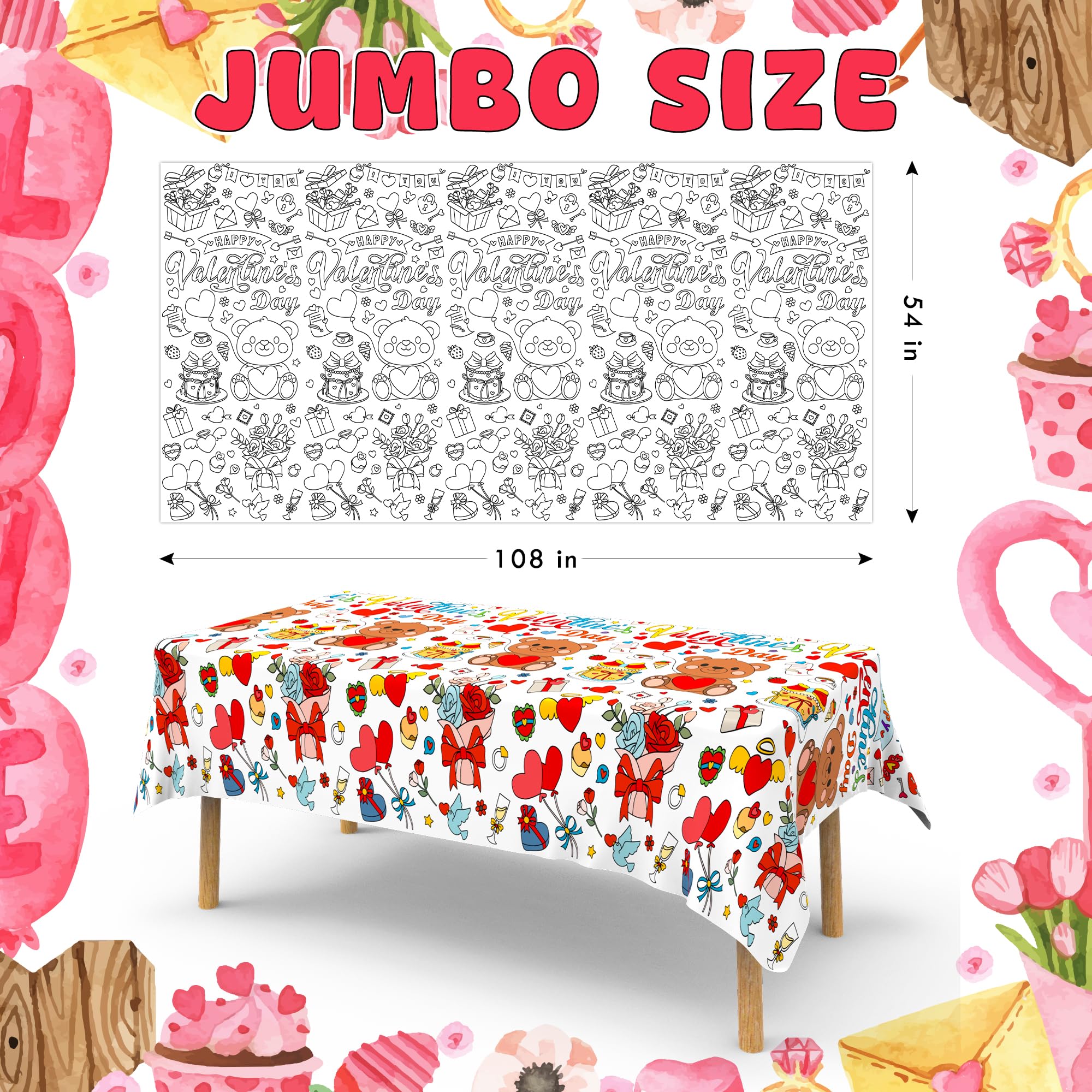2-Pack Valentines Day Coloring Tablecloth Poster 54x108 Inches - Giant Kids Coloring Banner for Classroom Party Activities & Crafts