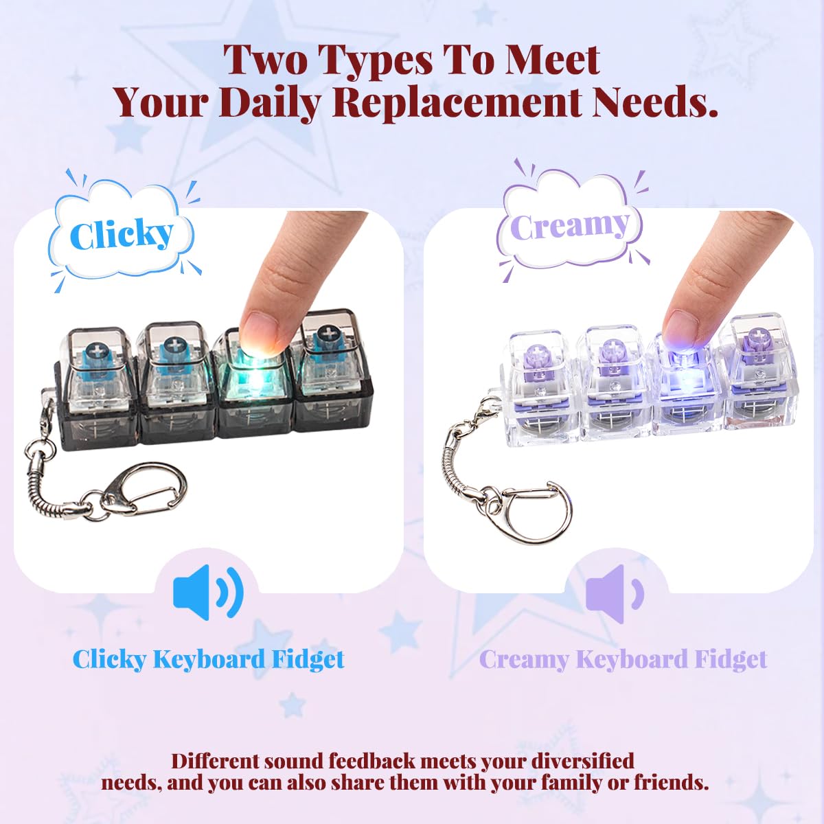 2-Piece Keyboard Fidget Toy Set for Adults – Creamy & Clicky Keychains with LED Lights (Purple)