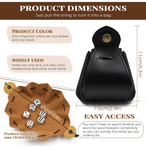 2-Piece PU Leather Dice Bag Set – Yellow and Black Drawstring Pouches for Dice, Coins &amp; Small Items