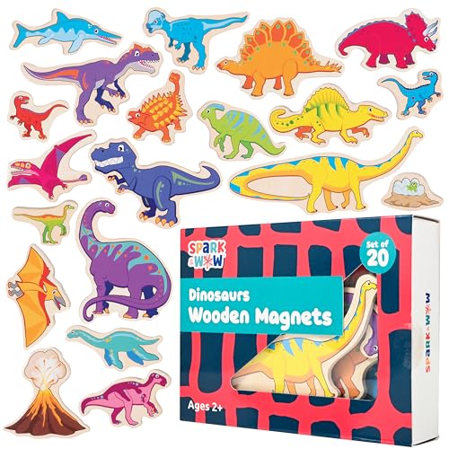 20 Dinosaur Wooden Magnets for Kids Ages 2+ - Chunky, Safe, Open-Ended Play