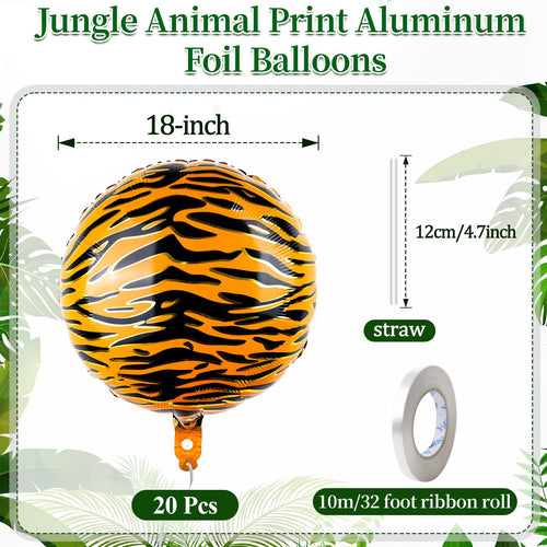 20 Pack 18-Inch Tiger Print Foil Balloons for Jungle Safari Birthday Party Decorations