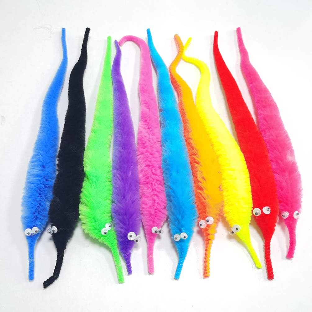 20 Pack Fuzzy Worm Toys on String – Bulk Party Favors with 10 Colors for Kids and Cats