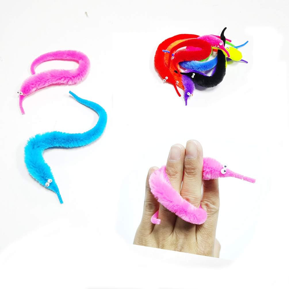 20 Pack Fuzzy Worm Toys on String – Bulk Party Favors with 10 Colors for Kids and Cats