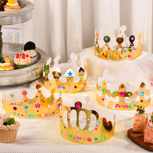 20-Pack Gold Paper Crowns for DIY Decorating with Stickers – Adjustable Birthday Crowns for Kids