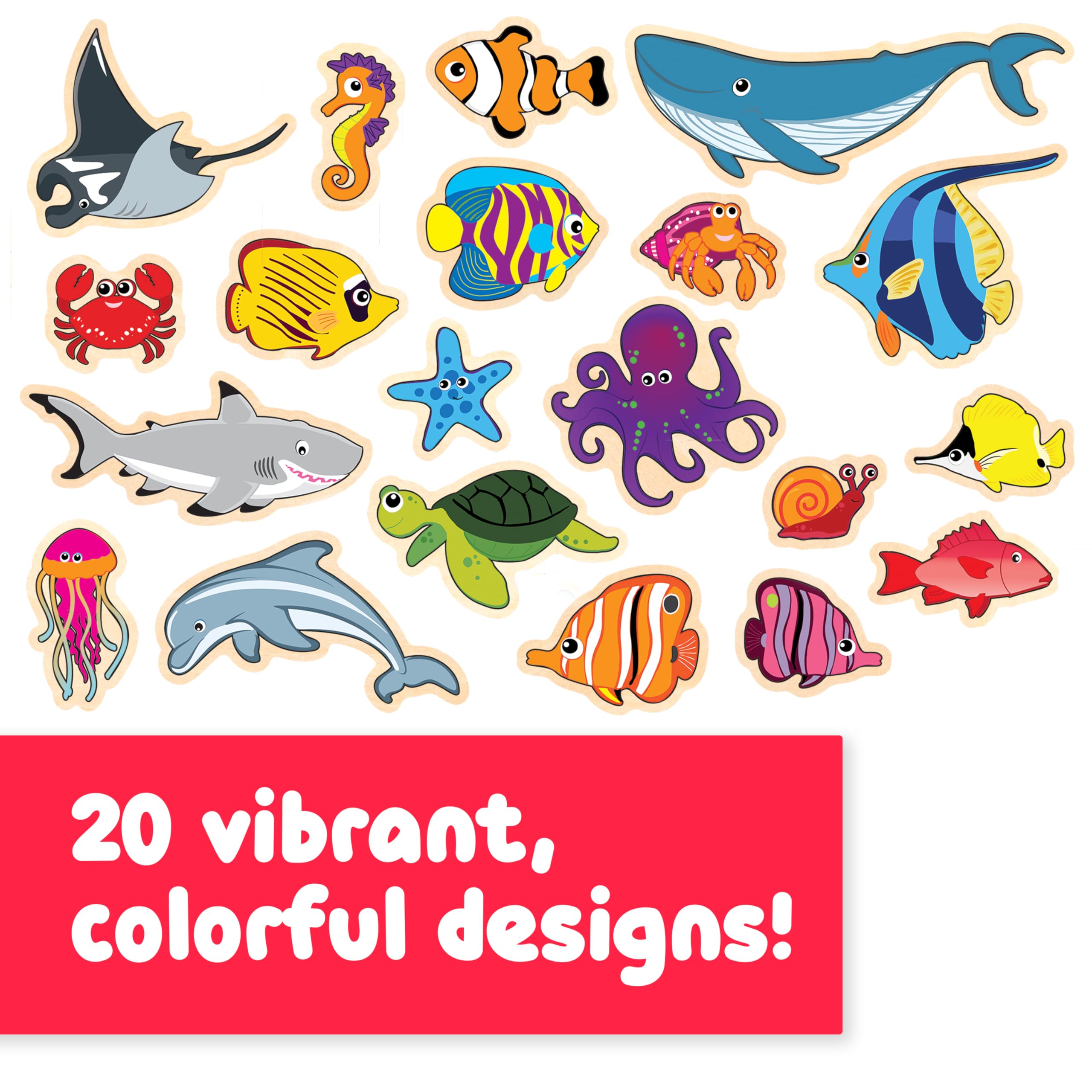 20-Piece Wooden Sea Life Magnets for Kids Ages 2+ | SPARK & WOW