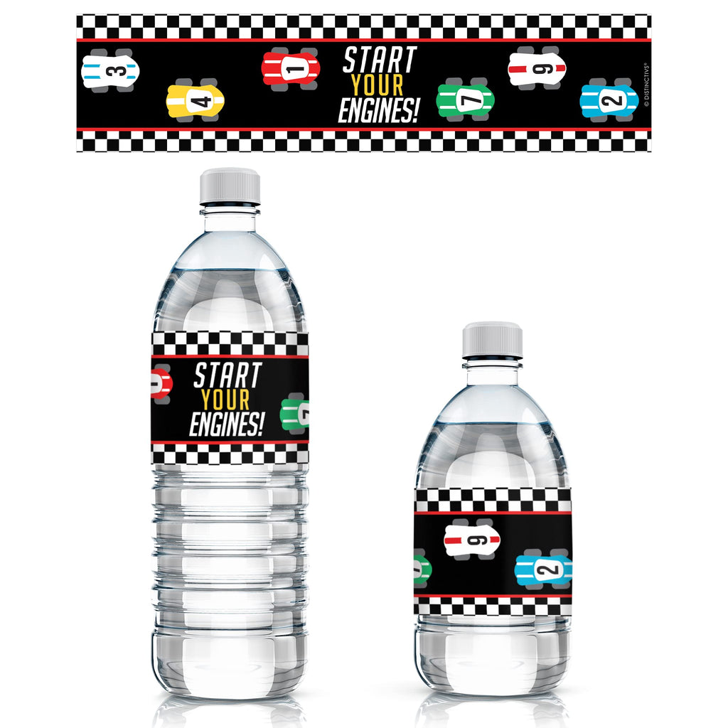 20 Waterproof Race Car Water Bottle Labels – 8x2 inch – Distinctivs Let's Go Racing Party Favors