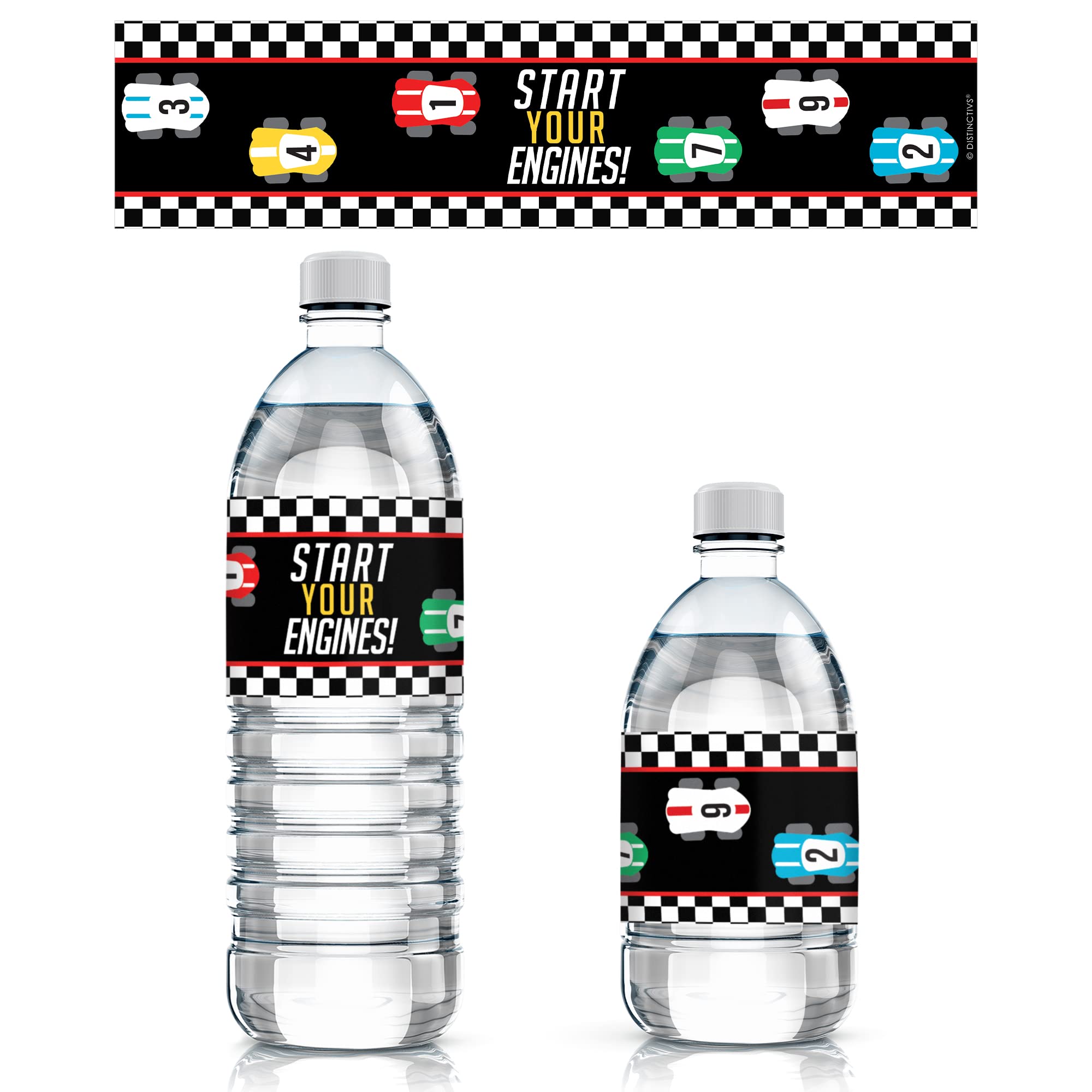 20 Waterproof Race Car Water Bottle Labels – 8x2 inch – Distinctivs Let's Go Racing Party Favors