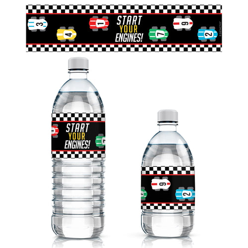 20 Waterproof Race Car Water Bottle Labels – 8x2 inch – Distinctivs Let's Go Racing Party Favors