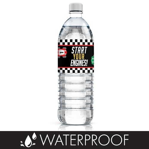 20 Waterproof Race Car Water Bottle Labels – 8x2 inch – Distinctivs Let's Go Racing Party Favors