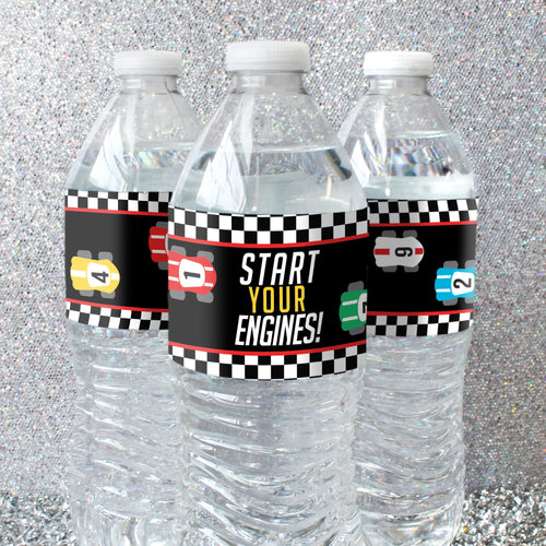 20 Waterproof Race Car Water Bottle Labels – 8x2 inch – Distinctivs Let's Go Racing Party Favors