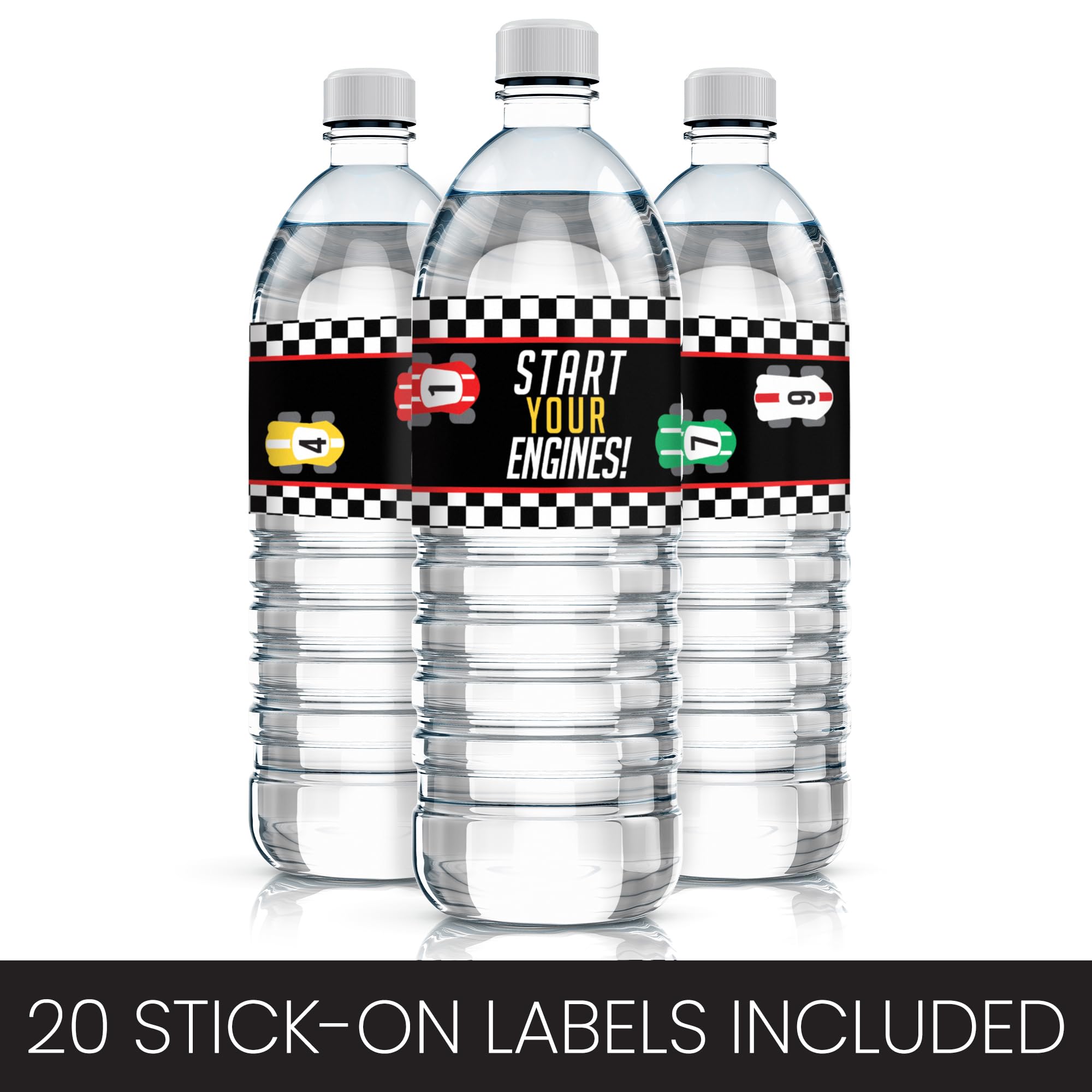 20 Waterproof Race Car Water Bottle Labels – 8x2 inch – Distinctivs Let's Go Racing Party Favors