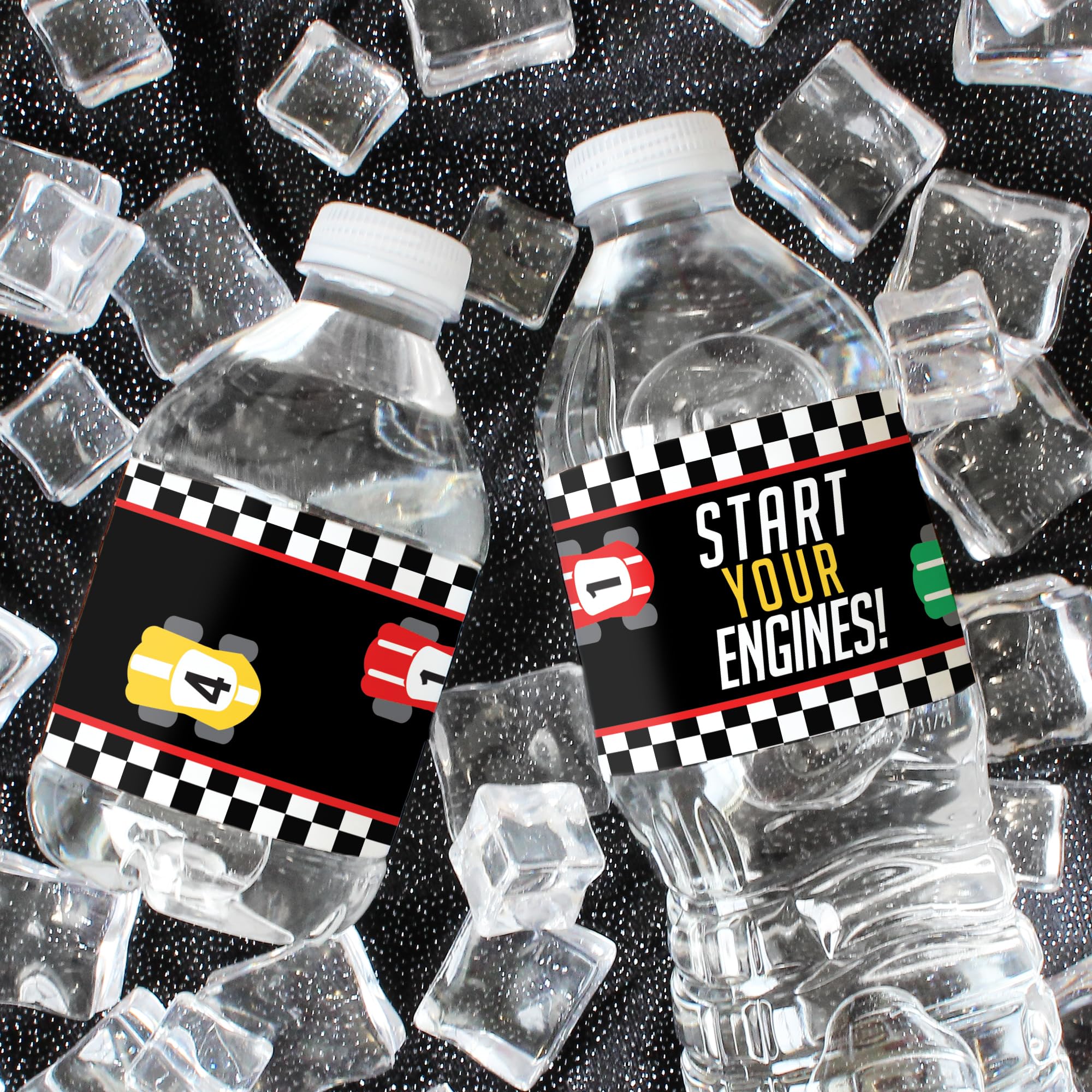20 Waterproof Race Car Water Bottle Labels – 8x2 inch – Distinctivs Let's Go Racing Party Favors