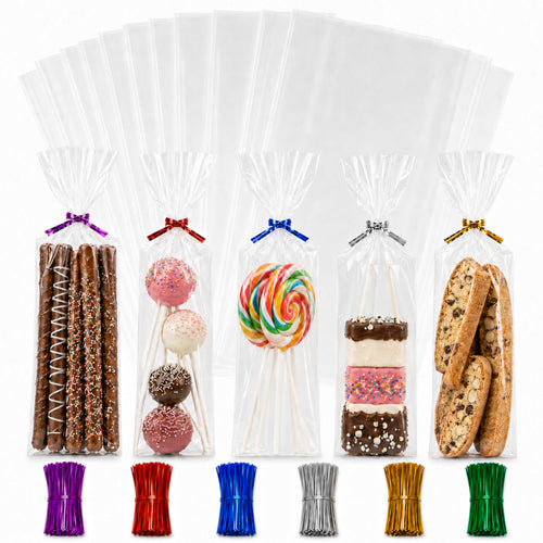 200 Clear OPP Cello Bags 4x9 Inches with 200 Twist Ties - 1.4 Mil Thick, Food Grade, BakeBaking
