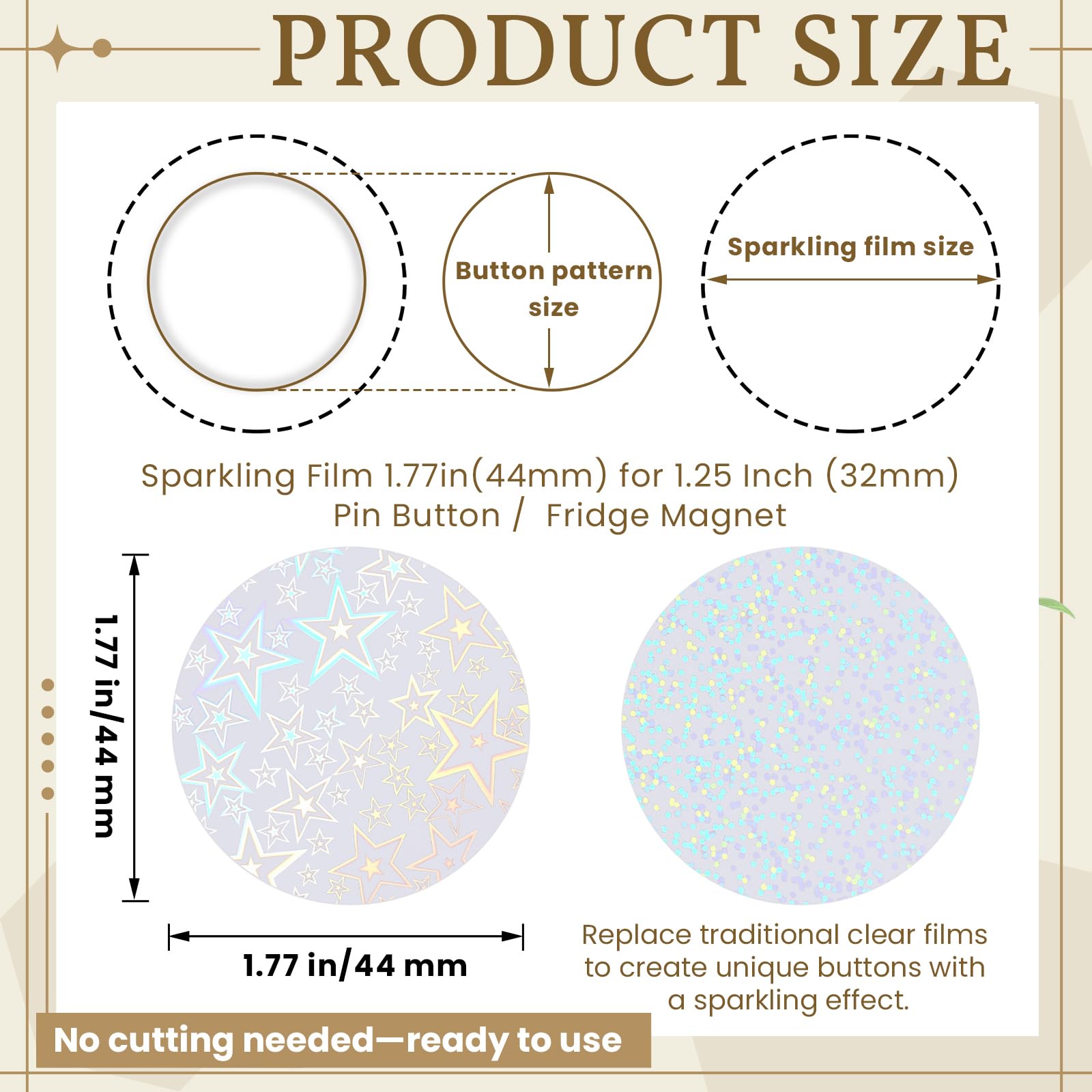 200 Holographic Glitter Badge Protective Films 45mm for 32mm Button Maker - 8 Patterns by Humyoun