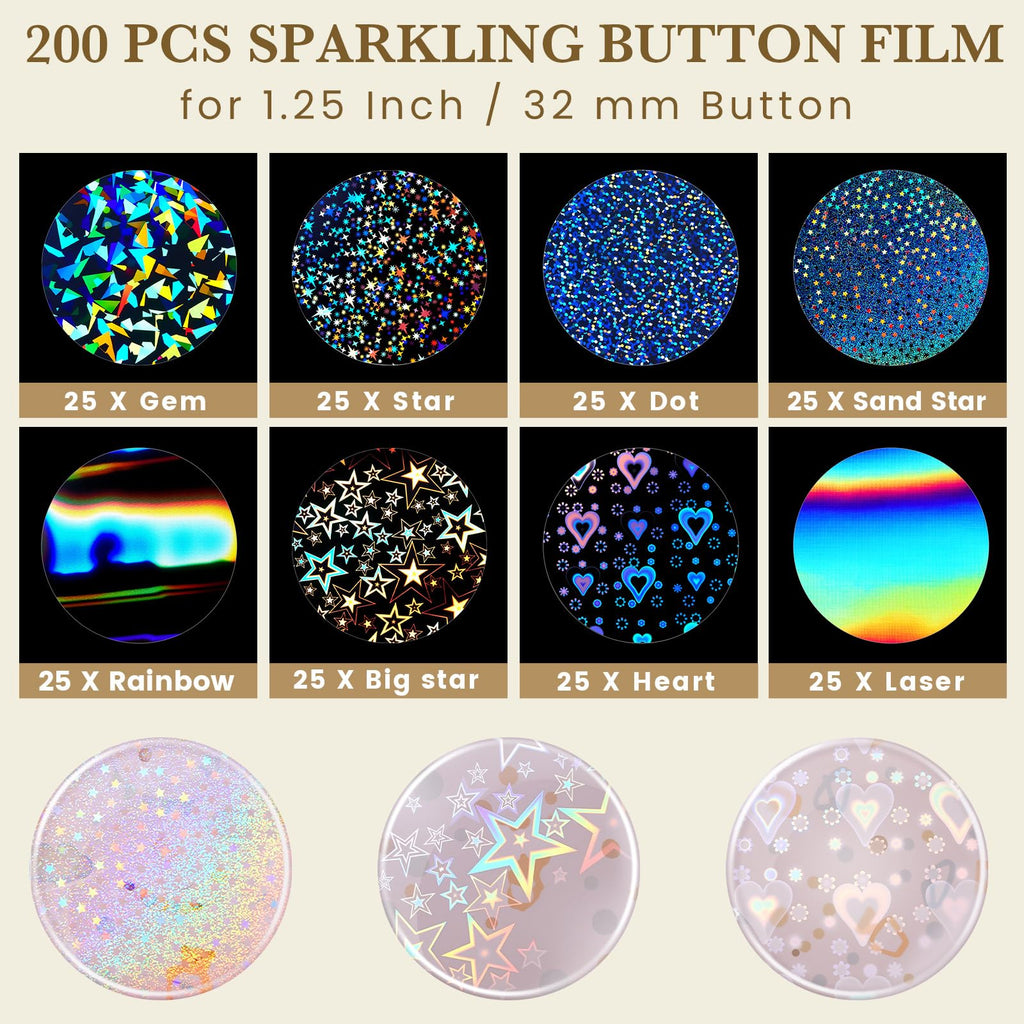 200 Holographic Glitter Badge Protective Films 45mm for 32mm Button Maker - 8 Patterns by Humyoun