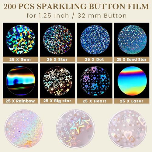 200 Holographic Glitter Badge Protective Films 45mm for 32mm Button Maker - 8 Patterns by Humyoun