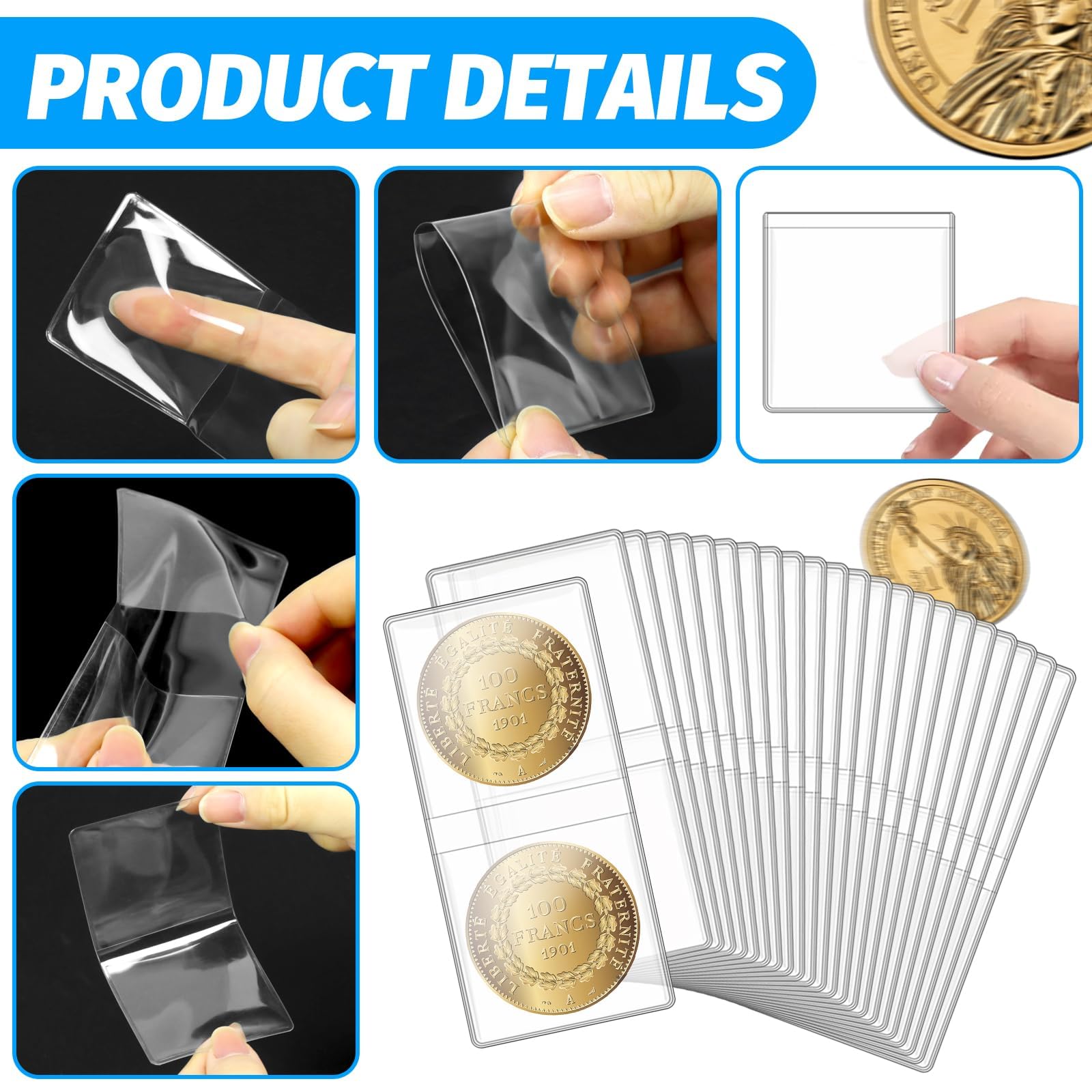 200 Pack Double Pocket Coin Flips - 2x2 Clear Plastic Sleeves for Coins, Jewelry & Gemstones