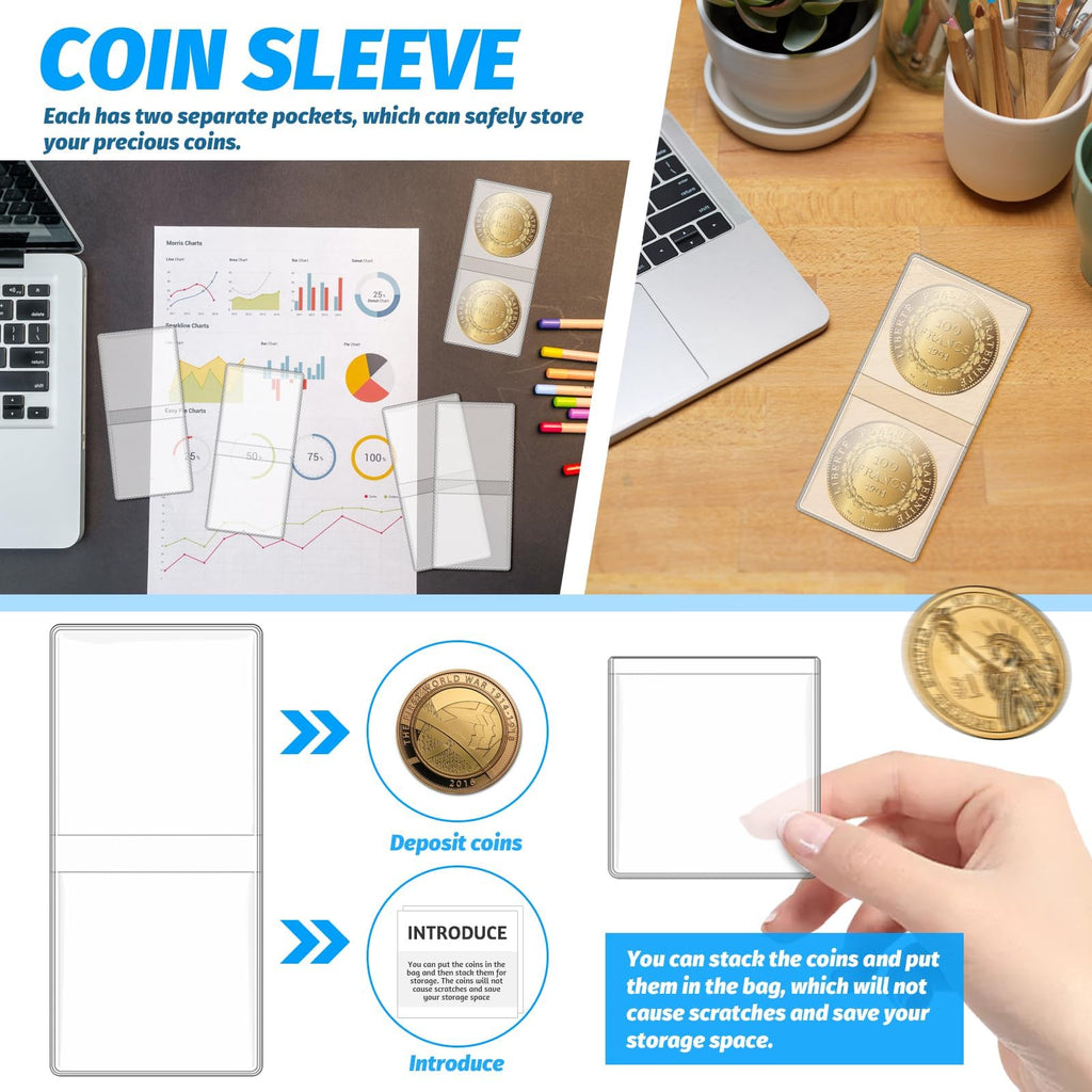 200 Pack Double Pocket Coin Flips - 2x2 Clear Plastic Sleeves for Coins, Jewelry & Gemstones