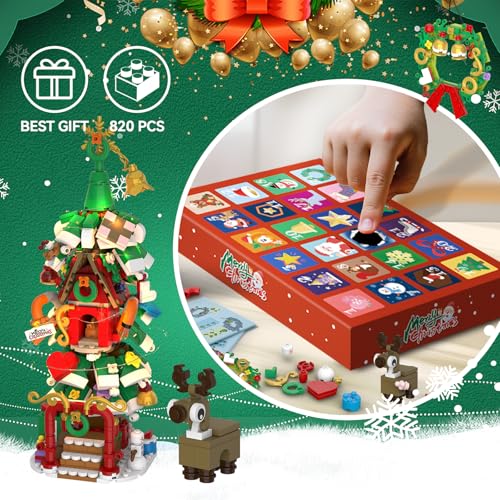 2025 Advent Calendar Christmas Tree House Building Set with LED Lights – 820-Piece Countdown Kit for Teens & Adults