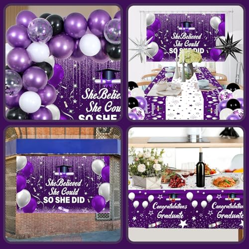 2026 Graduation Party Decorations Kit – Purple Black with She Believed She Could So She Did Banner, Balloons, Tablecloth for Women Graduates