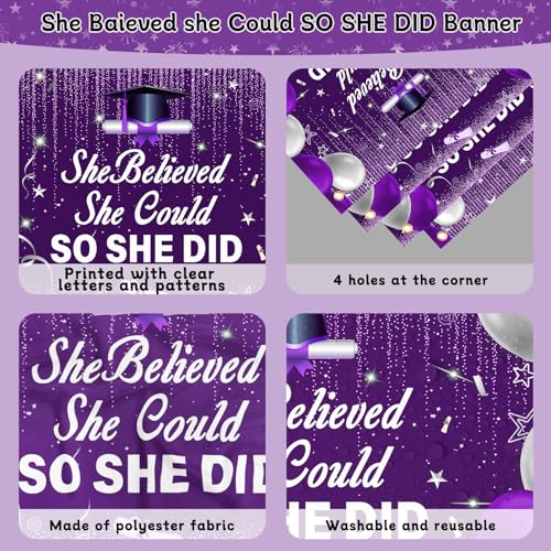 2026 Graduation Party Decorations Kit – Purple Black with She Believed She Could So She Did Banner, Balloons, Tablecloth for Women Graduates
