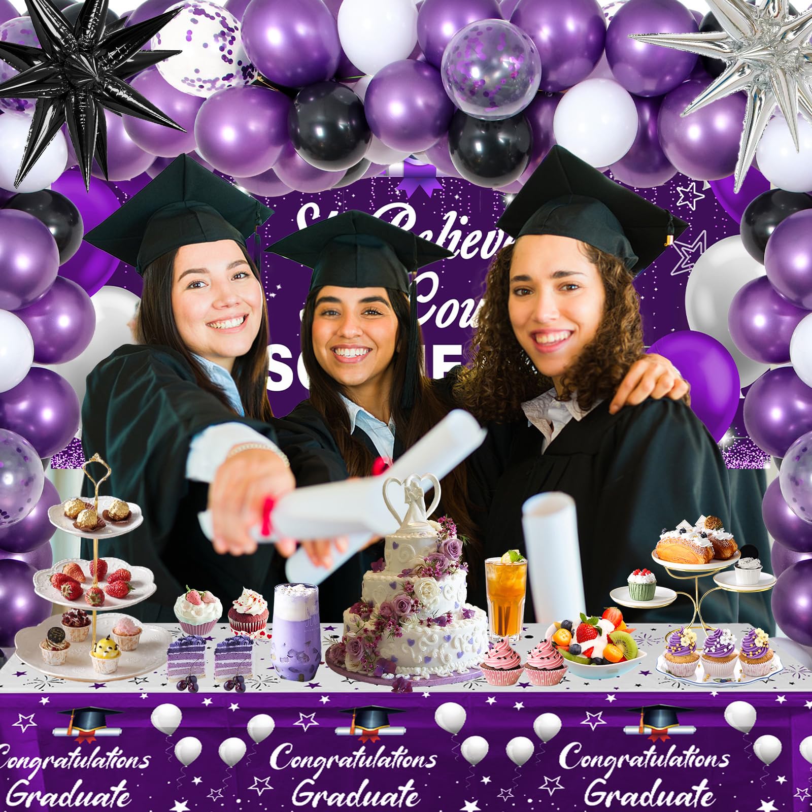 2026 Graduation Party Decorations Kit – Purple Black with She Believed She Could So She Did Banner, Balloons, Tablecloth for Women Graduates