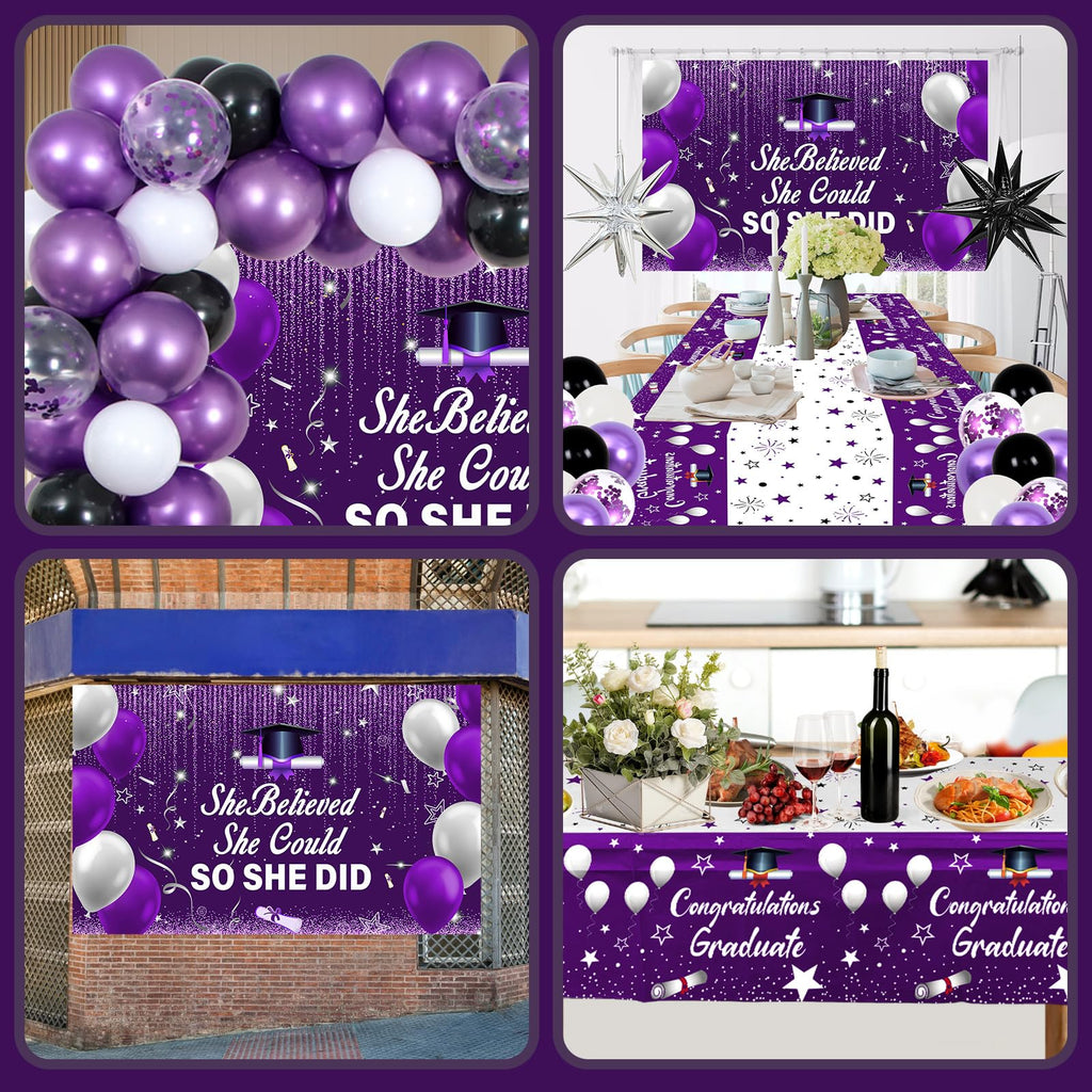2026 Graduation Party Decorations Kit – Purple Black with She Believed She Could So She Did Banner, Balloons, Tablecloth for Women Graduates