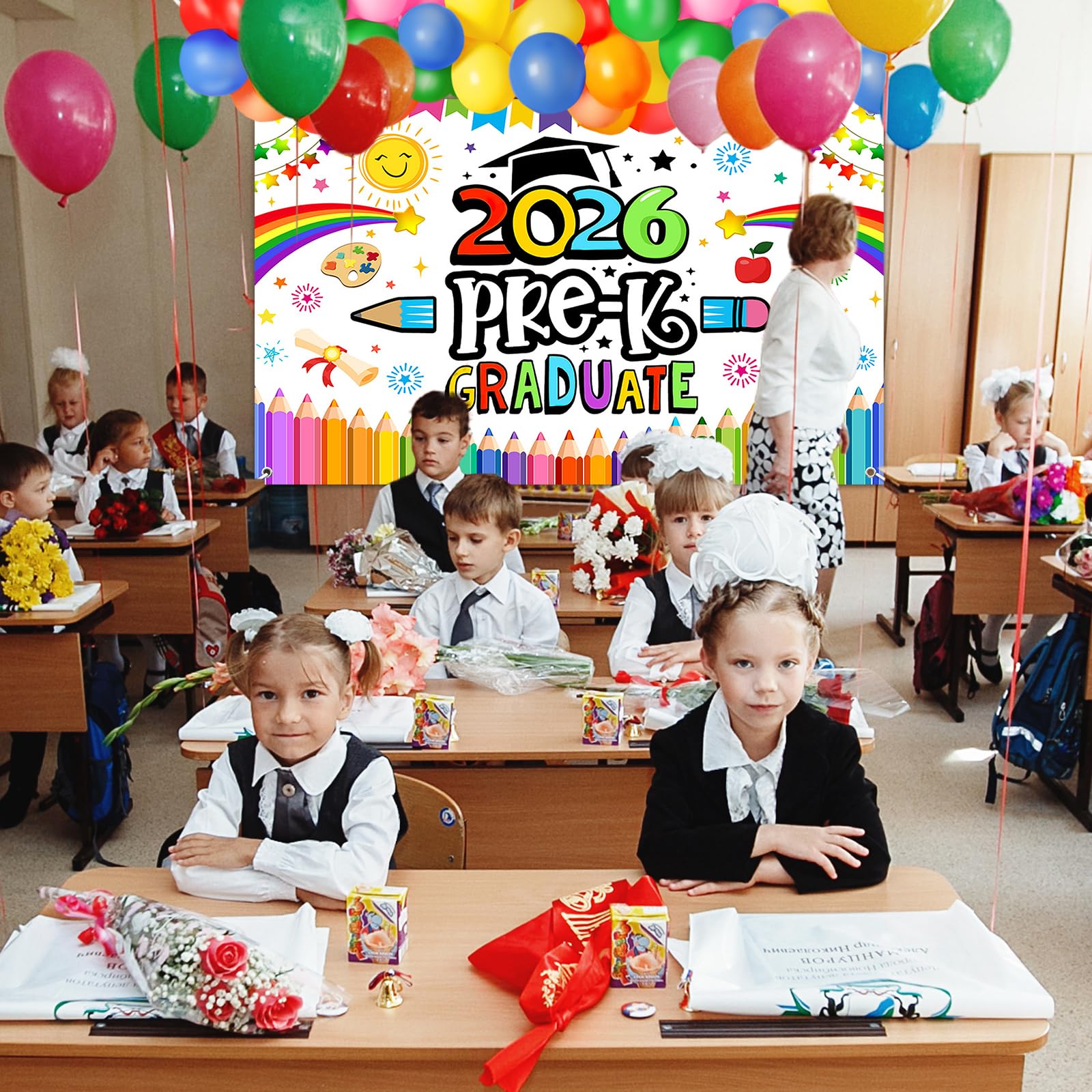 2026 Preschool Graduation Party Decor Kit - Backdrop, 180 Balloons, Banner & More for Pre-K Graduation