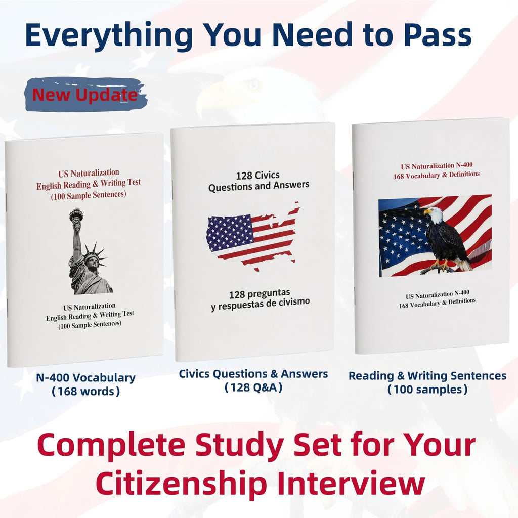 2026 US Citizenship Flash Cards – 128 Q&A, Audio, Bilingual English/Spanish, N-400 Vocab, Reading & Writing, Souvenir Pin