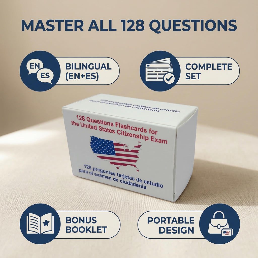 2026 US Citizenship Flash Cards – 128 Q&A, Audio, Bilingual English/Spanish, N-400 Vocab, Reading & Writing, Souvenir Pin