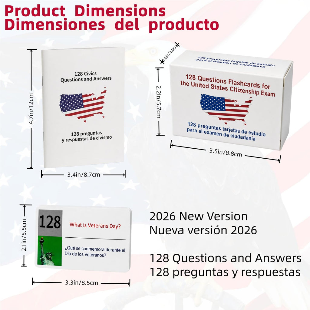 2026 US Citizenship Flash Cards – 128 Q&A, Audio, Bilingual English/Spanish, N-400 Vocab, Reading & Writing, Souvenir Pin