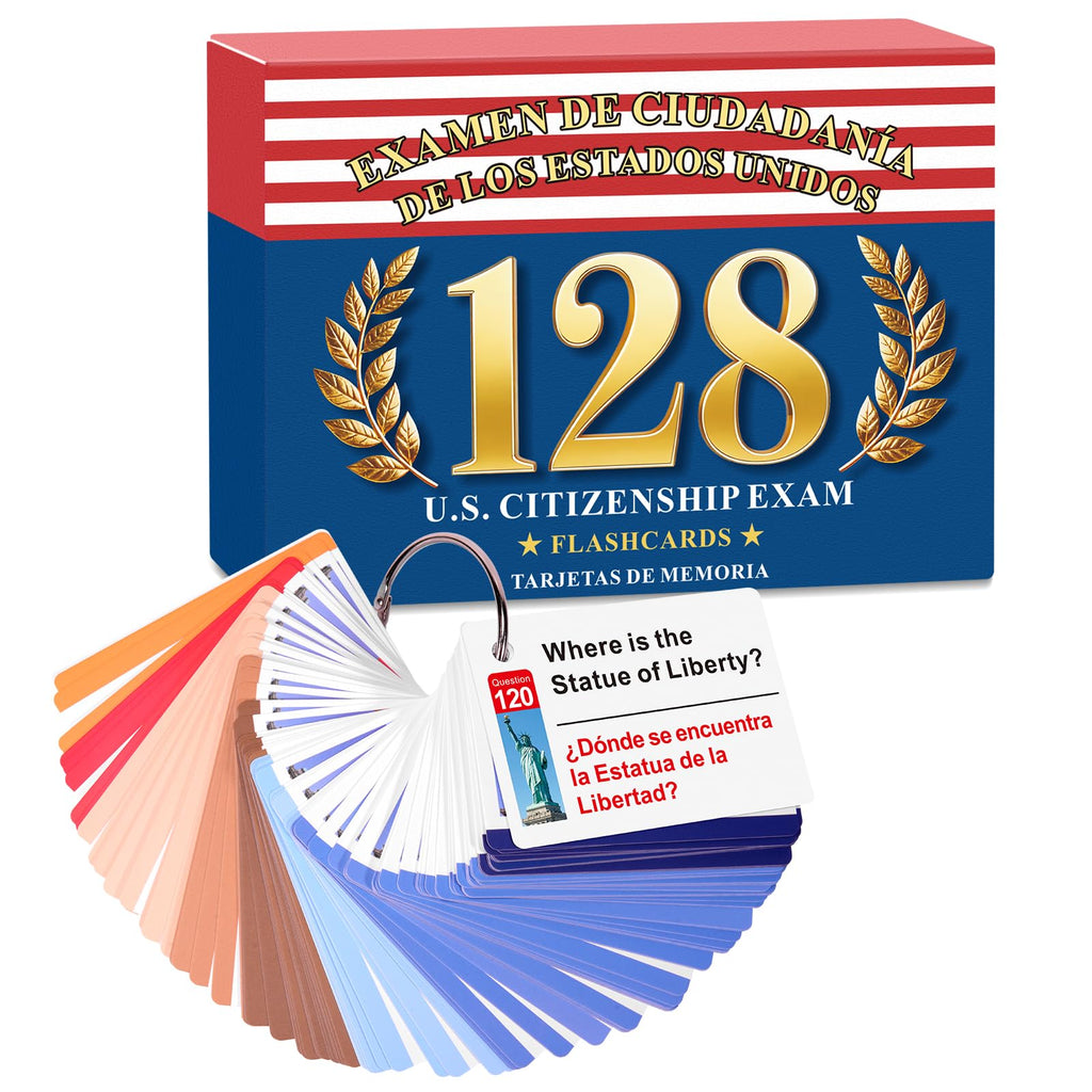 2026 US Citizenship Flash Cards: 128 USCIS Questions & Answers, English-Spanish Bilingual Set with Metal Ring