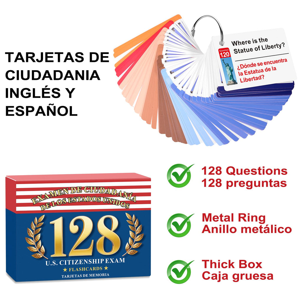 2026 US Citizenship Flash Cards: 128 USCIS Questions & Answers, English-Spanish Bilingual Set with Metal Ring
