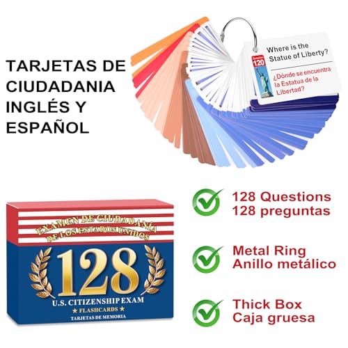 2026 US Citizenship Flash Cards: 128 USCIS Questions & Answers, English-Spanish Bilingual Set with Metal Ring