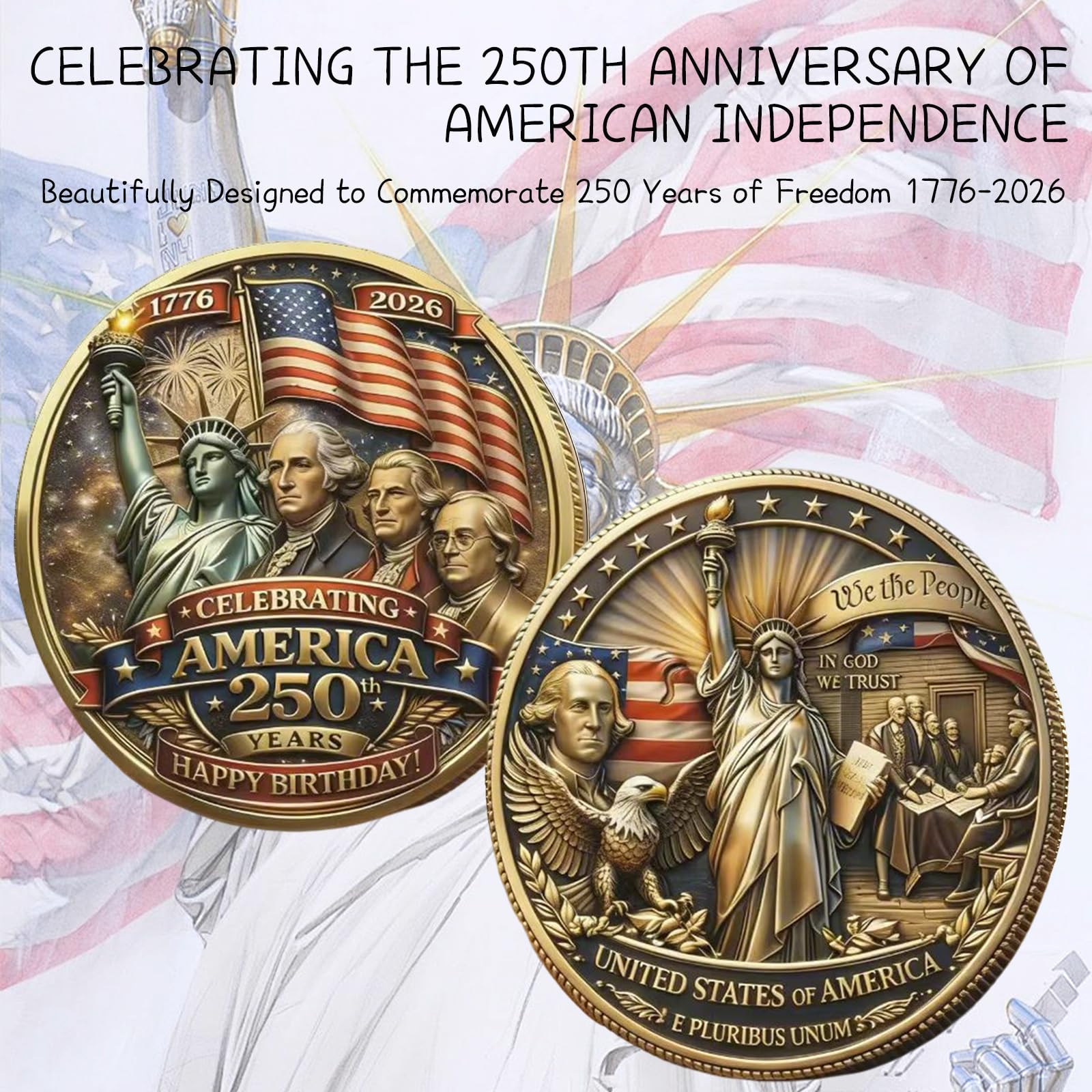 2026 USA 250th Anniversary Commemorative Challenge Token – Patriotic Collectible Coin with Flag & Balloons Design