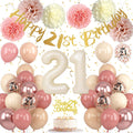 21st Birthday Decorations for Her – Retro Blush Pink Balloon Kit with Banner, Cake Topper, Pom Poms