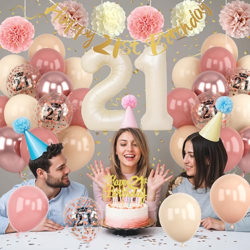 21st Birthday Decorations for Her – Retro Blush Pink Balloon Kit with Banner, Cake Topper, Pom Poms