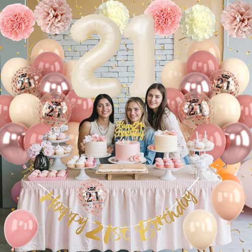 21st Birthday Decorations for Her – Retro Blush Pink Balloon Kit with Banner, Cake Topper, Pom Poms