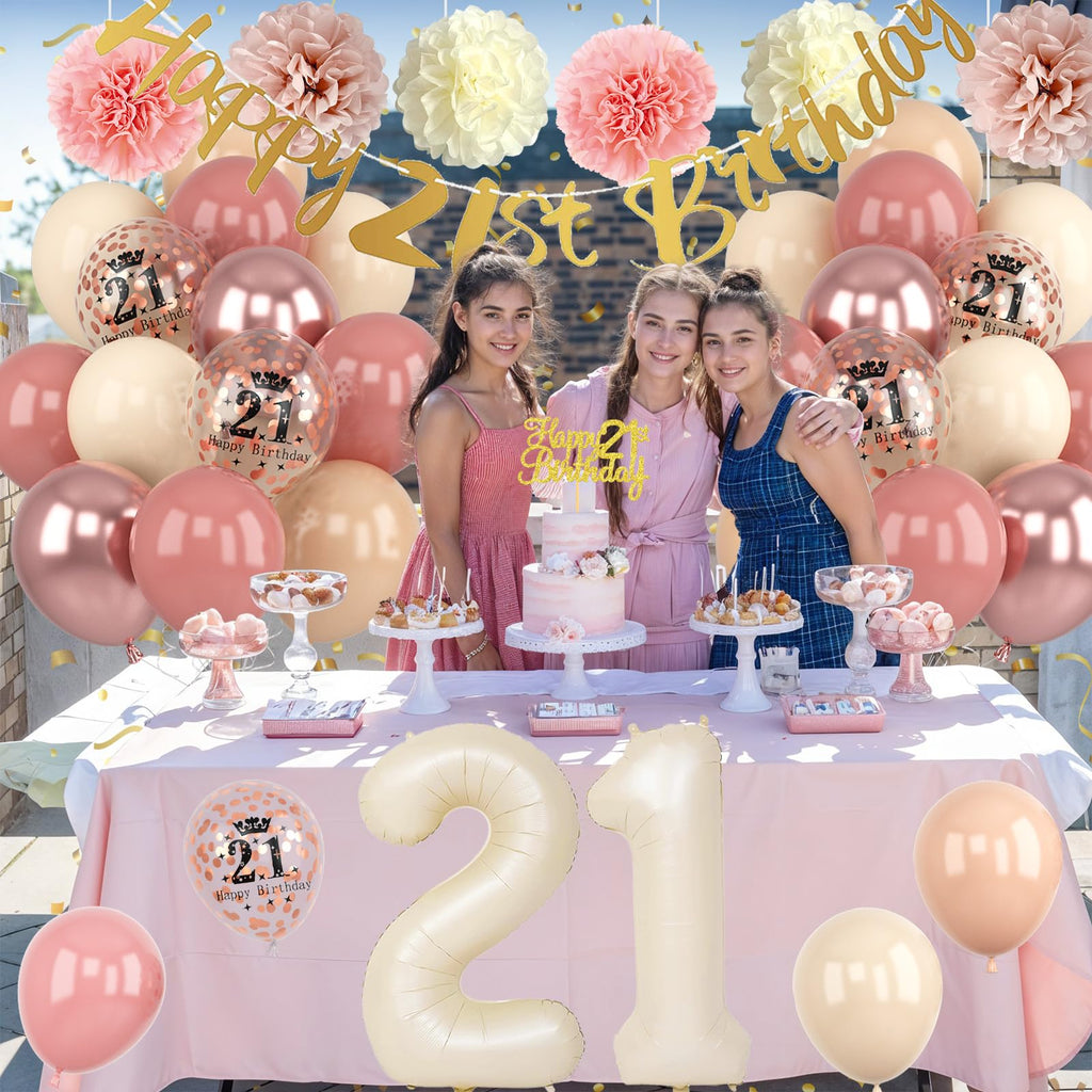 21st Birthday Decorations for Her – Retro Blush Pink Balloon Kit with Banner, Cake Topper, Pom Poms