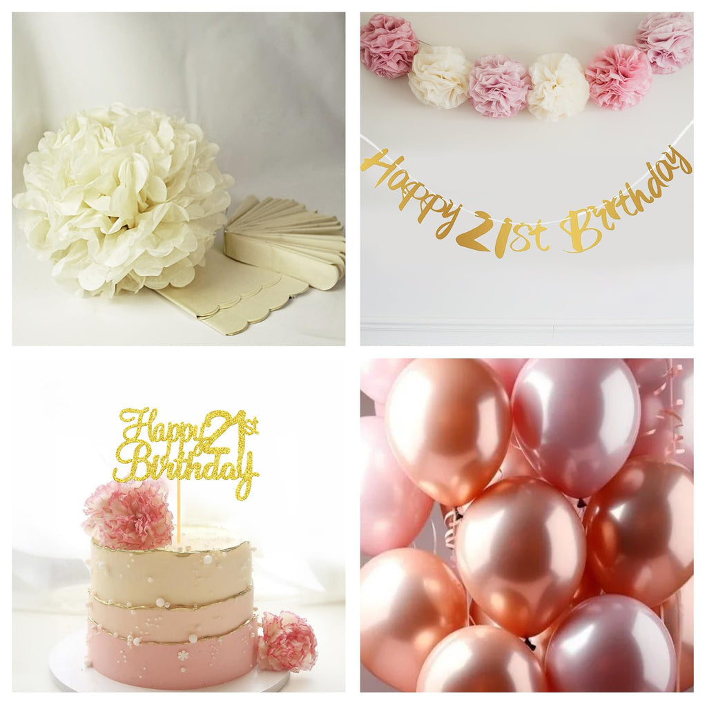 21st Birthday Decorations for Her – Retro Blush Pink Balloon Kit with Banner, Cake Topper, Pom Poms