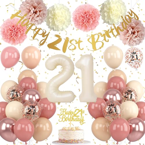 21st Birthday Decorations for Her – Retro Blush Pink Balloon Kit with Banner, Cake Topper, Pom Poms