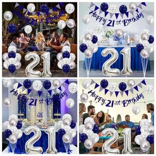 21st Birthday Decorations Set – Blue & Silver Banner, Balloons, Cake Topper for Him or Her