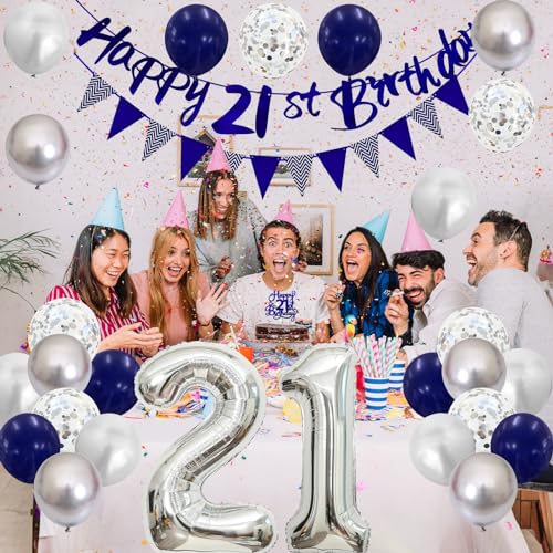 21st Birthday Decorations Set – Blue & Silver Banner, Balloons, Cake Topper for Him or Her